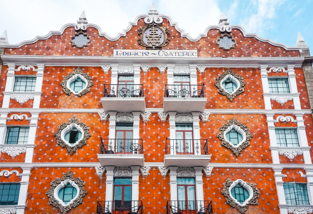 Building covered in tiles azulejos in Puebla, Mexico